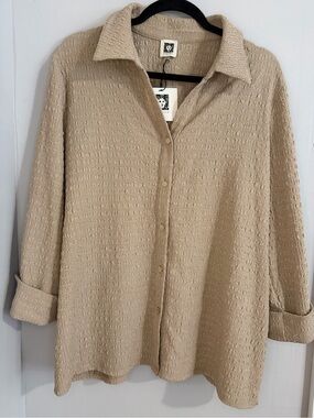 Anne Klein Latte Textured Button Front Shirt XL NWT Collared Long Sleeve Top